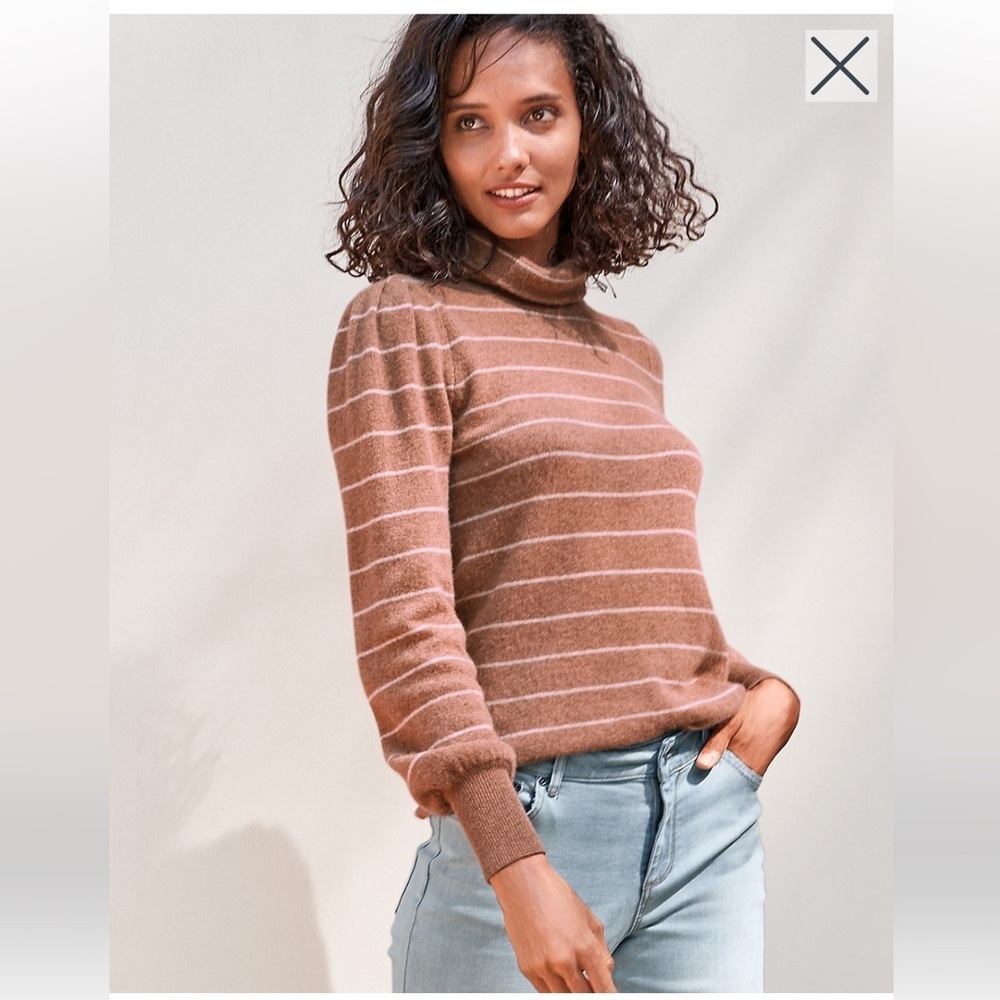 Lilla P 100% Cashmere Brown Turtleneck Oversized Sweater Size S Maple Stripe